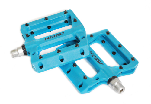 Педали нейлон. H601 широкие, ось Cr-Mo с 1 герм. промподш. сменные шипы 105*98*16мм, 364 г синие HORST