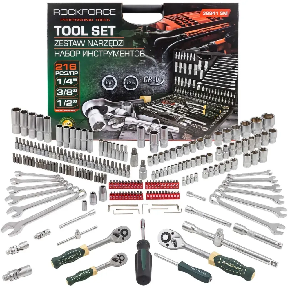 Набор инструментов 216пр. 1/4''3/8''1/2''(6гр, 12гр)(4-32мм) RockForce RF-38841 SM
