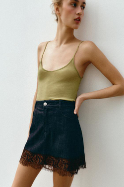 ZARA ДЖИНСОВЫЕ ЮБКА-ШОРТЫ Z1975 С КРУЖЕВОМ, СИНИЙ