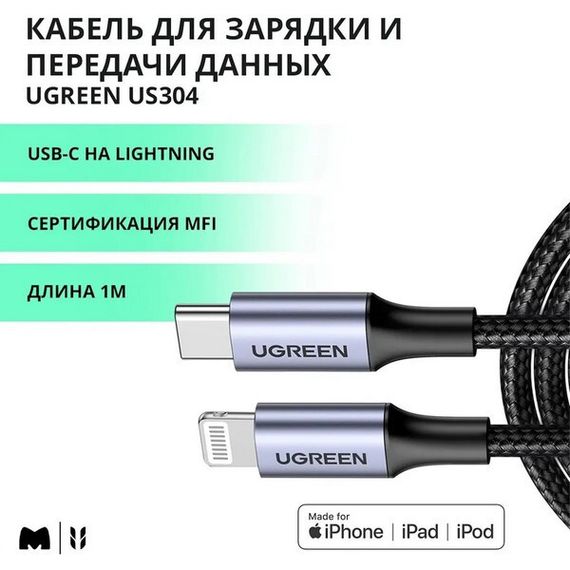 Кабель Ugreen US304 USB-C - Lightning M/M Shell Braided 1м черный (60759)