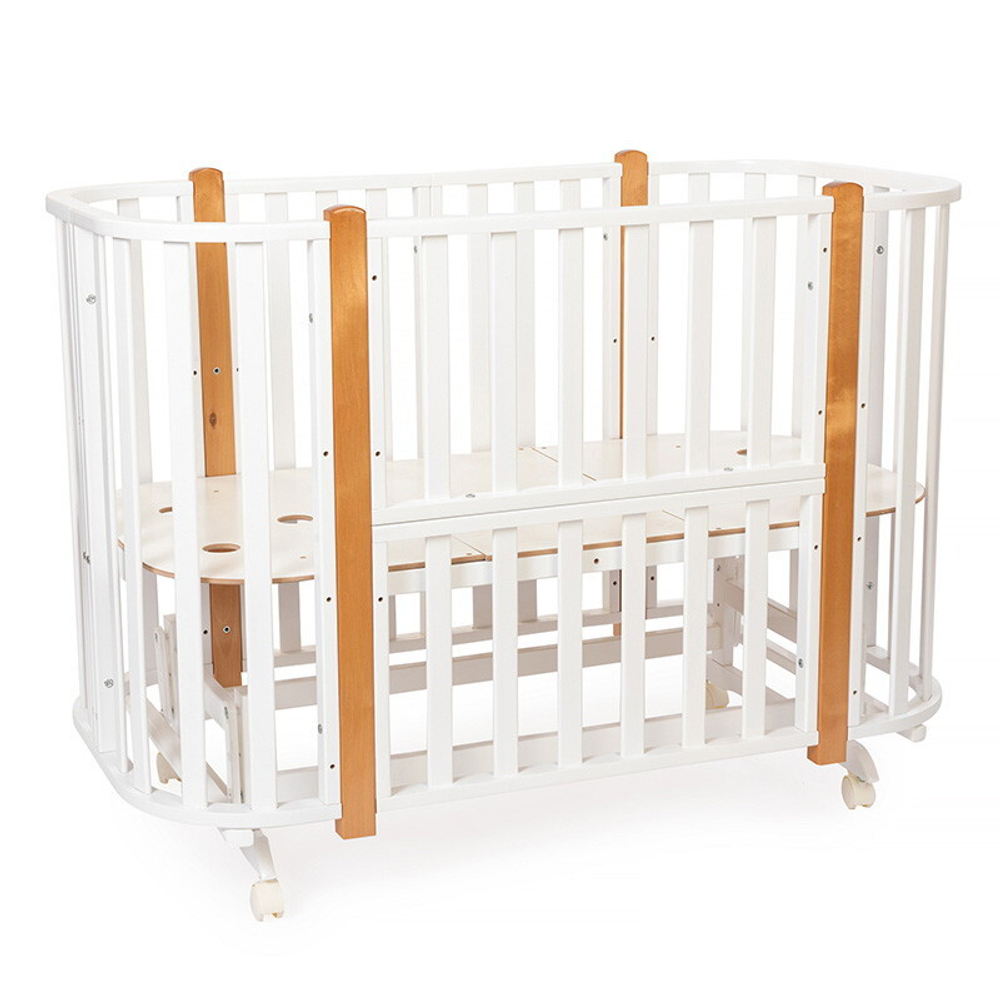 Кроватка-трансформер Vikalex Сканди маятник на колёсах белый/бук