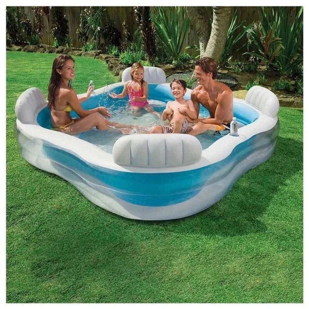 Бассейн надувной Intex 56475 Swim Center Family Lounge 229х229х66 см / Квадратный бассейн Интекс с сиденьями и спинками для дачи и отдыха