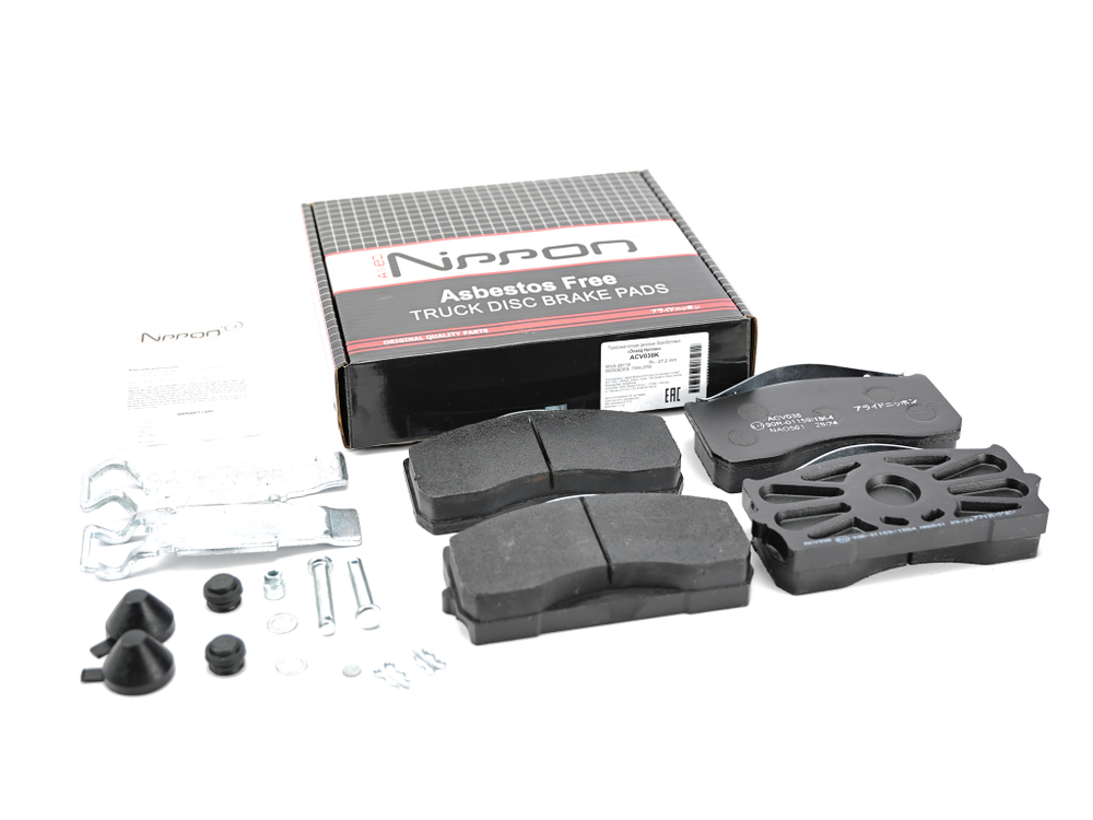 Колодка дискового тормоза (ACV 038 K) системы: Knorr SB 5000; SN5 а/м ГАЗ-33104, Валдай, MAN, Mercedes и др. полный (к-т 4 шт., с установочным комплектом: палец\пружины\резинки) WVA 29115  29148  29183, 3310-3501800 (NIPPON)