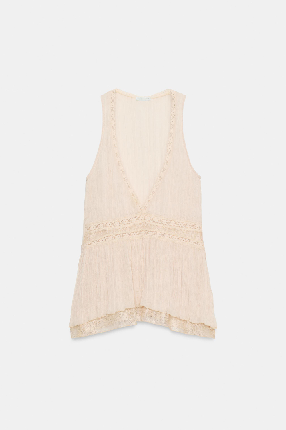 ZARA КОМБИНИРОВАННЫЙ КРУЖЕВНОЙ ТОП, БЛЕДНО-РОЗОВЫЙ