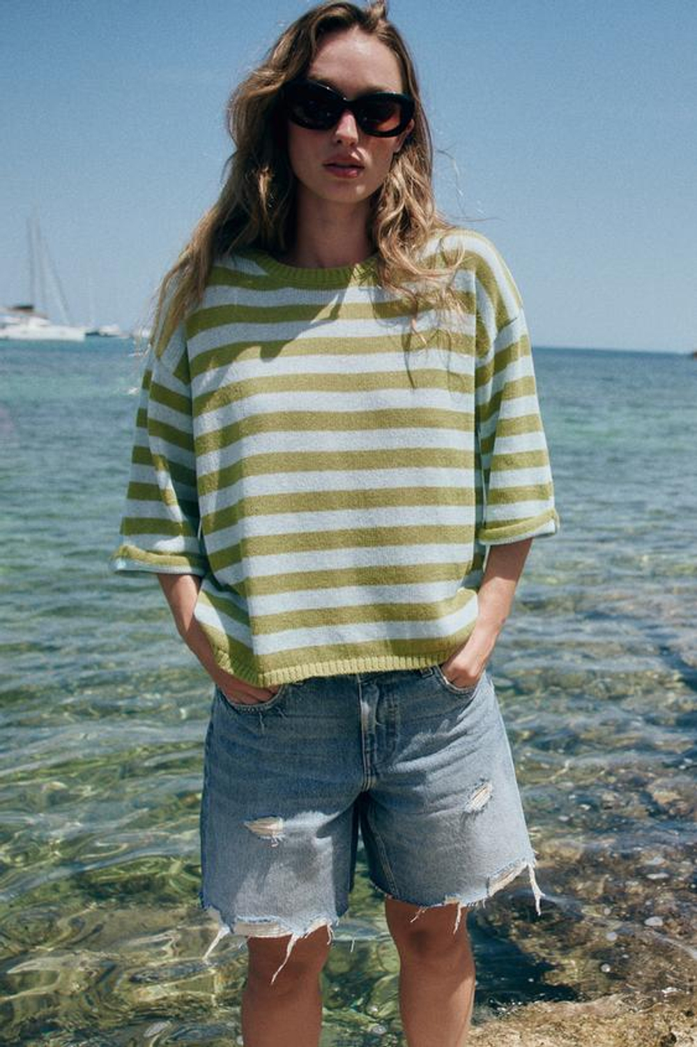 ZARA ДЖИНСОВЫЕ ШОРТЫ Z1975 С РАЗРЕЗАМИ, ВЫЦВЕТШИЙ СИНИЙ