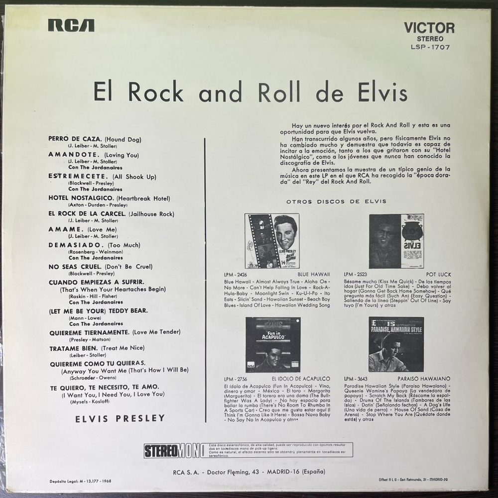 Elvis Presley ‎– El Rock And Roll De Elvis (Испания 1968г.)