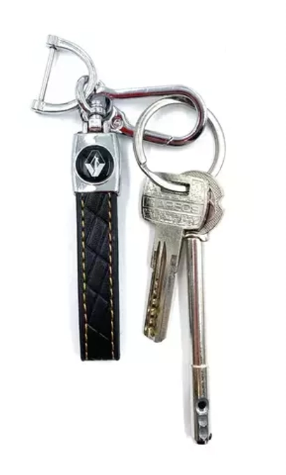 Брелок для ключей кожаный с эмблемой Renault с карабином (кожзам, черный цвет с желтой строчкой)