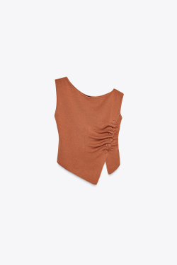 ZARA ТРИКОТАЖНЫЙ ТОП С ОТКРЫТЫМИ ПЛЕЧАМИ И СБОРКАМИ, ТЕРРАКОТОВЫЙ