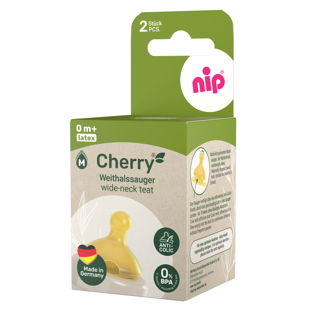 NIP Соска для бутылочки, "Cherry" латекс , с широким горлышком размер 0+