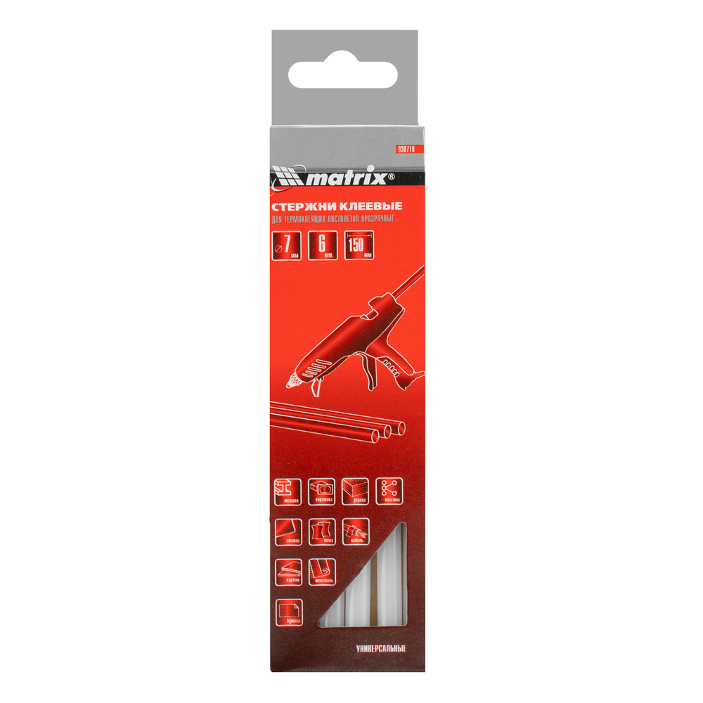 Стержни клеевые, прозрачные, 7 х 150 мм, в упаковке 6 шт Matrix 930710
