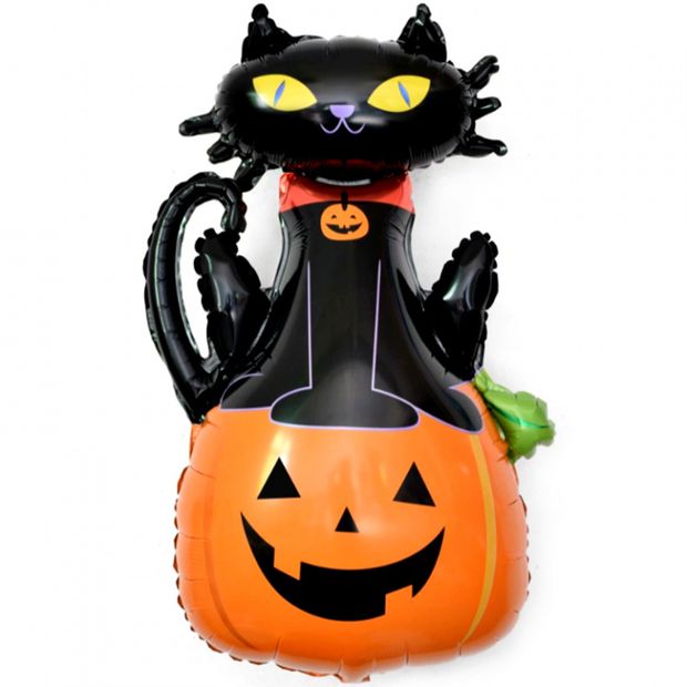 КОТ Шар-фигура, фольга, "Хэллоуин. Кошка на тыкве" (Falali), 38"/97 см (БГ-35)