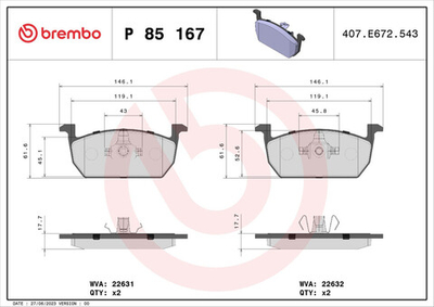 BREMBO - P85167-BRB - Brake Pad Set, disc brake