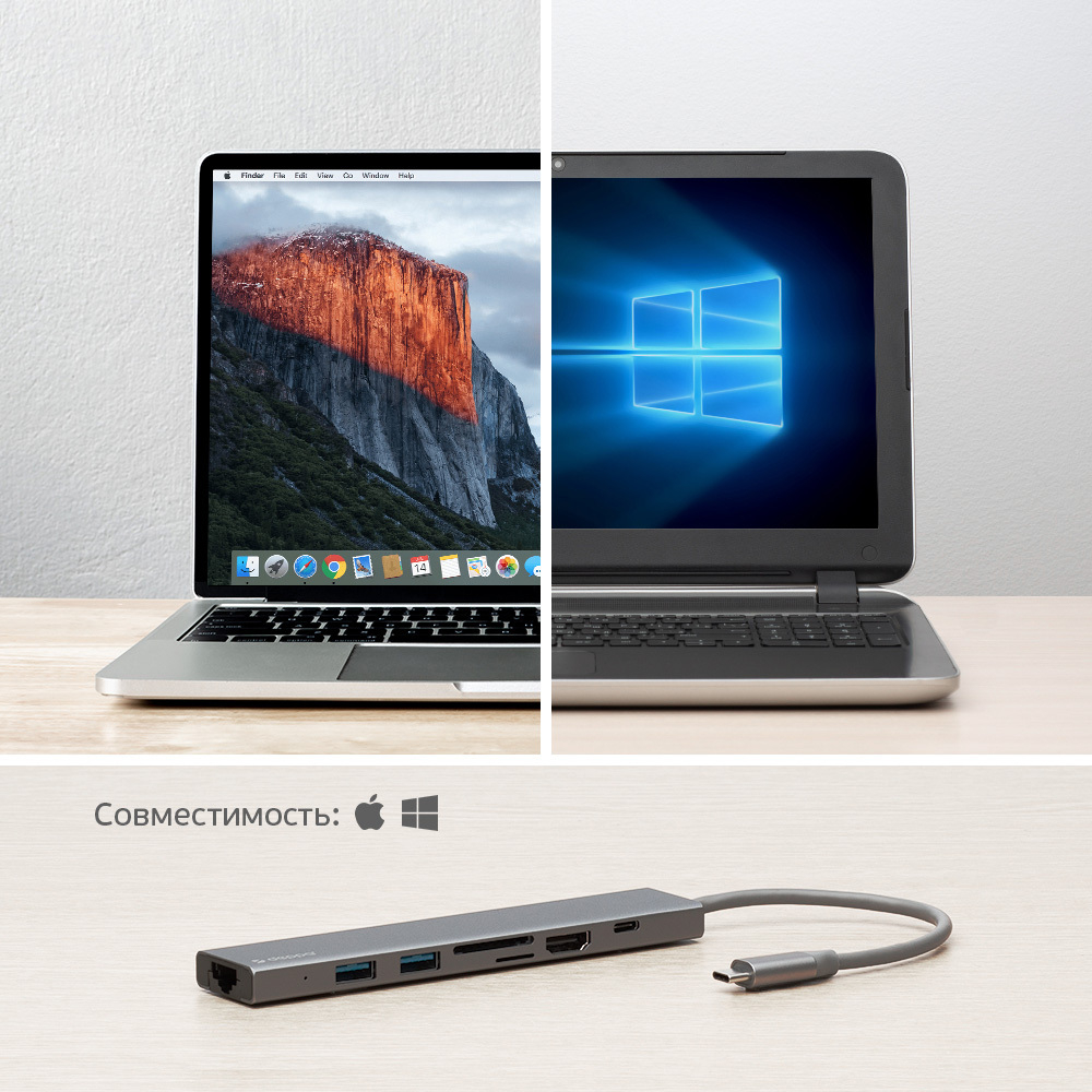 USB Type-C хаб 7-в-1, HDMI, Power Delivery, 2xUSB 3.0, RJ45, microSD/SD, графит
