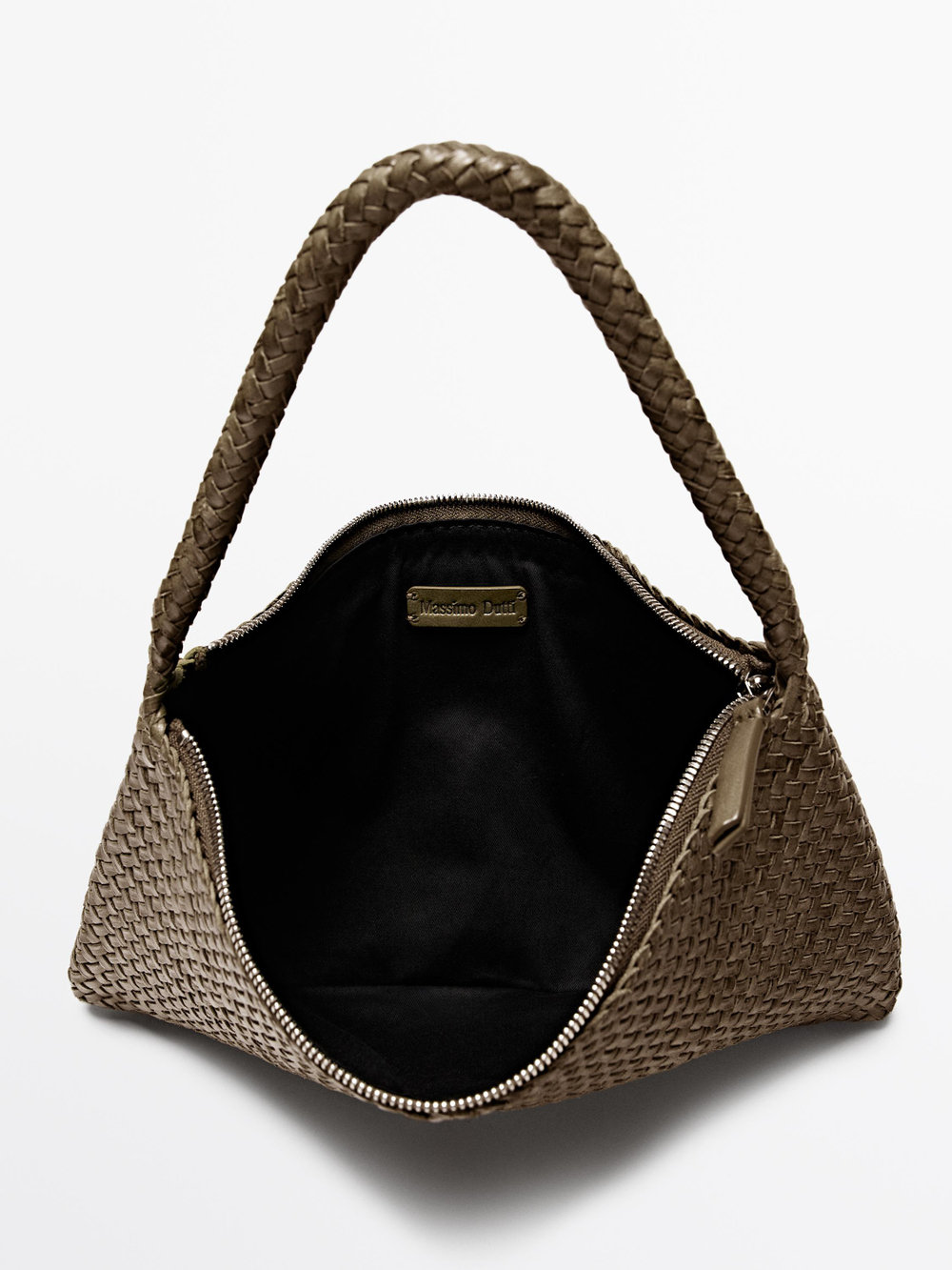 Massimo Dutti Маленькая плетеная кожаная сумка через плечо, хаки