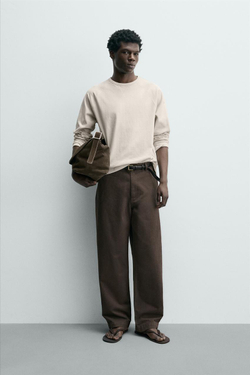 ZARA ФУТБОЛКА HEAVYWEIGHT С КРУГЛЫМ ВЫРЕЗОМ, СВЕТЛО-БЕЖЕВЫЙ