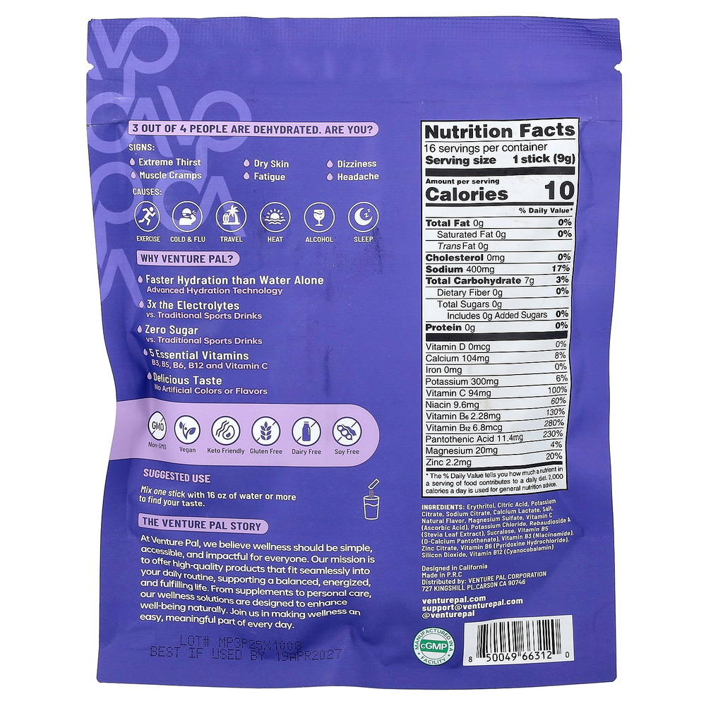 Venture Pal, Hydration Boost, смесь для приготовления электролитического напитка, со вкусом винограда, 16 пакетиков по 9 г (0,32 унции)