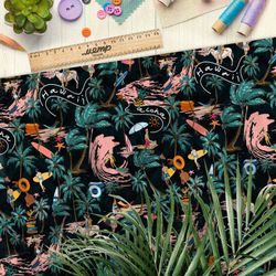 Ткань оксфорд 210 сёрфинг, пальмы и волны на чёрном фоне