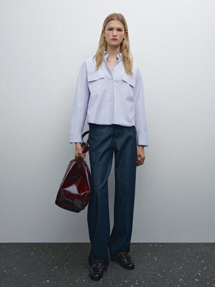 Massimo Dutti Укороченная рубашка из 100% хлопка с карманами, небесно-голубой
