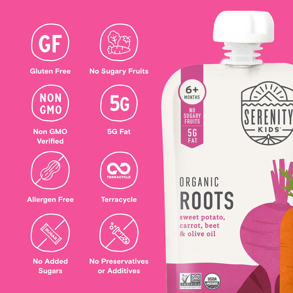 Serenity Kids, Organic Roots, для детей от 6 месяцев, батат, морковь, свекла и оливковое масло, 99 г (3,5 унции)