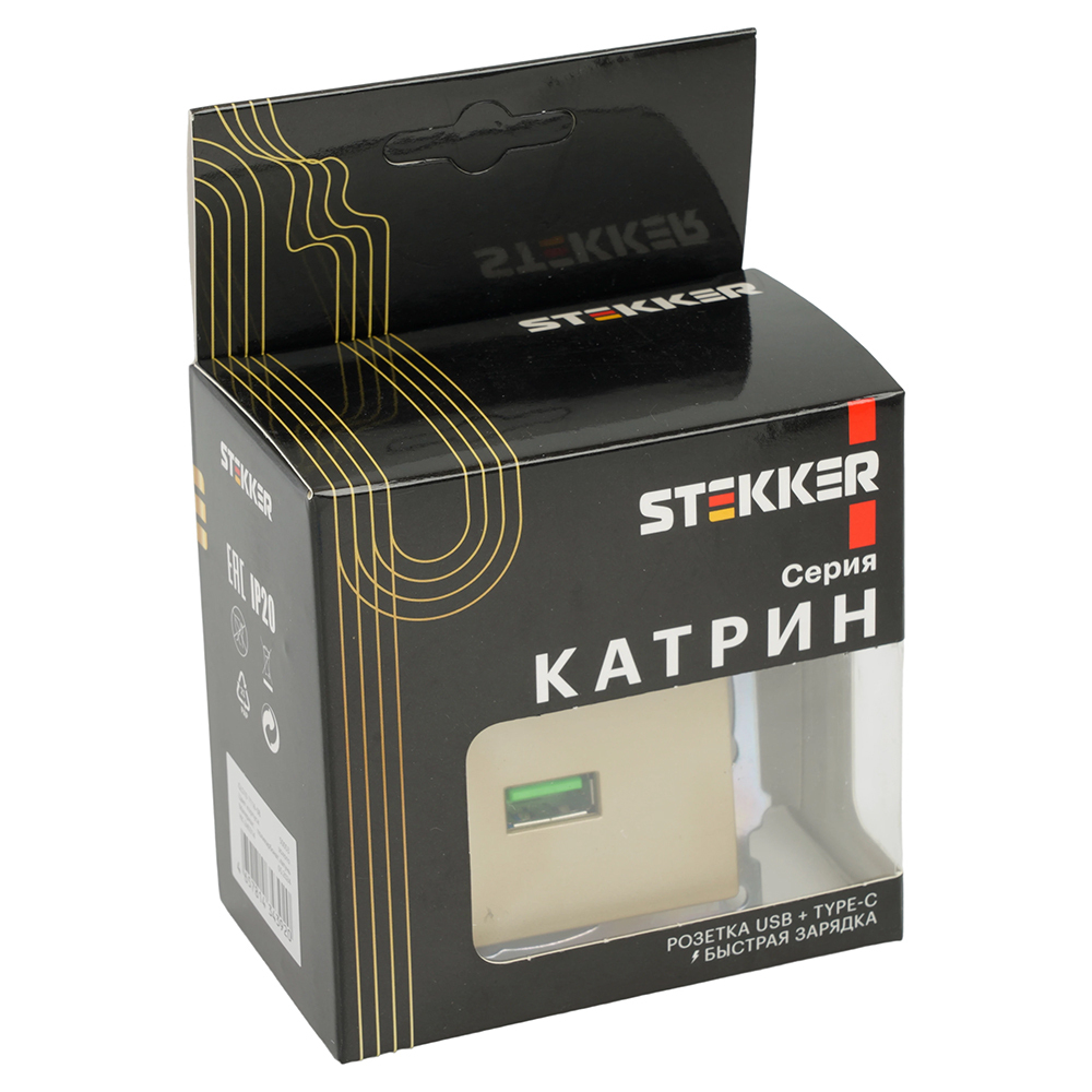 Розетка 2-местная USB + type C (механизм), 250В, 3А, max 20W, STEKKER, GLS10-7116-08, серия Катрин, золото 50053