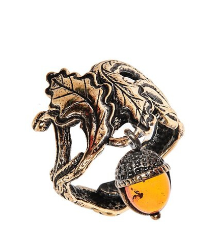 AM-2425 Кольцо «Веточка Желуд» (латунь, янтарь)