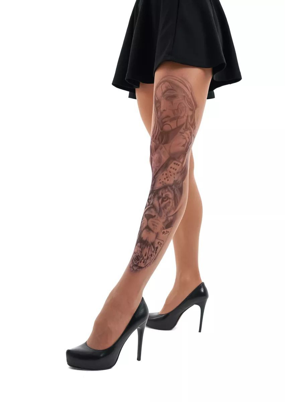 Колготки с принтом в виде девушки-джокера и льва (Размер: S-M-L) (Цвет: бежевый)