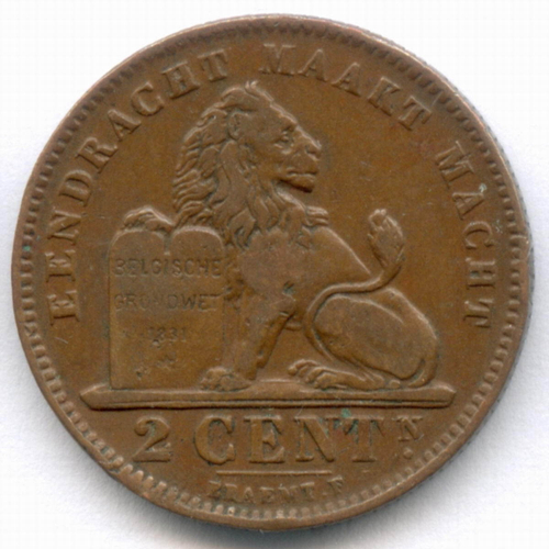2 сантима 1912 год. Бельгия (Альберт I). Надпись на голландском - DER BELGEN. Медь, диаметр 21.5 мм. VF-XF