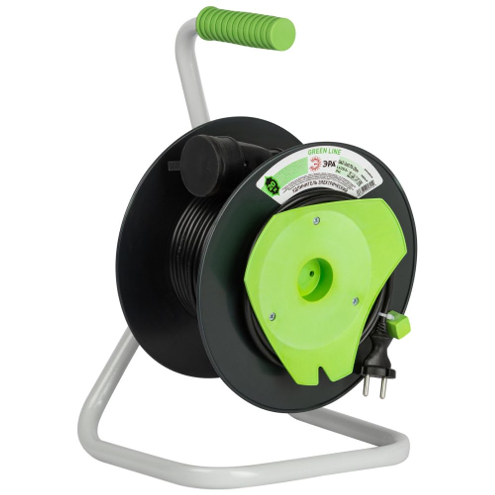 Удлинитель силовой ЭРА GREEN LINE GAZ-2x0.75-20m Greenline на катушке пластик 1 розетка без заземления 20м ПВС 2x0.75мм2 | Силовые удлинители