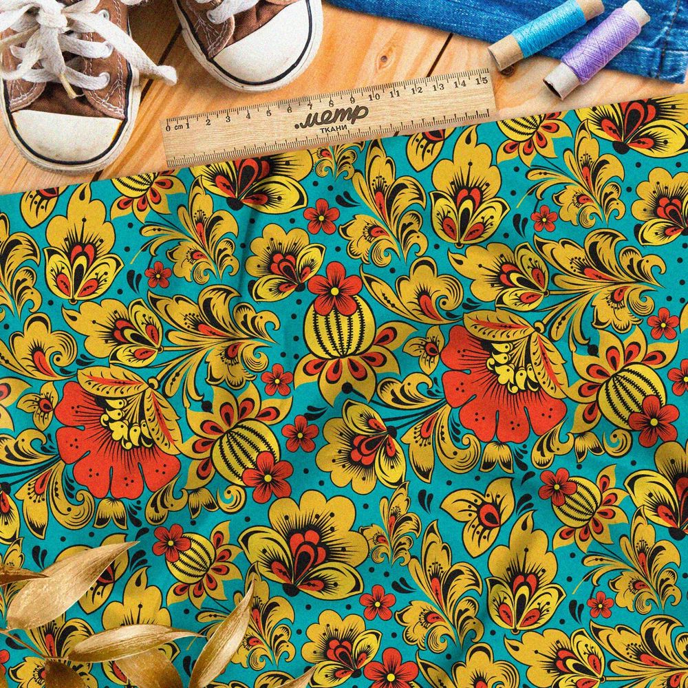 Ткань оксфорд 600 хохлома из маков и кактусов на бирюзовом фоне