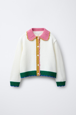 ZARA КОНТРАСТНЫЙ ВЯЗАНЫЙ КАРДИГАН, ЭКРЮ