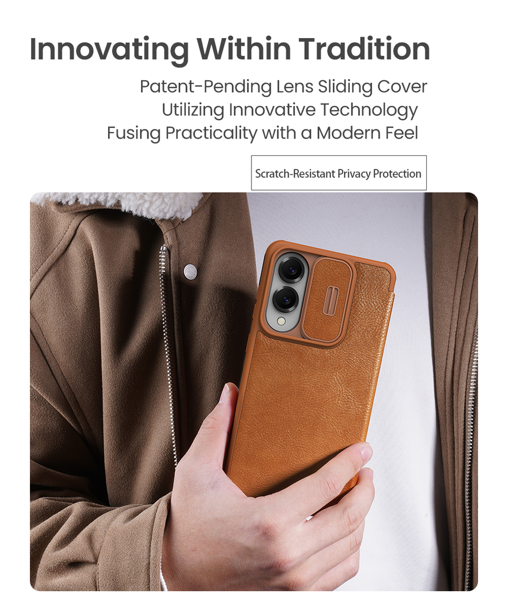 Кожаный чехол книжка коричневого цвета от Nillkin для смартфона Samsung Galaxy S25 Edge, серия Qin Pro Leather с сдвижной защитной шторкой для камеры