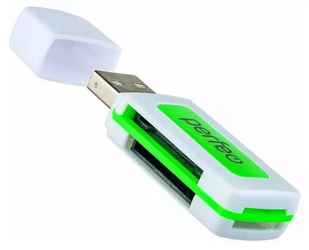 Картридер Perfeo SD/MMC+Micro SD+MS+M2, (PF-VI-R021 White/Green) белый/зелёный