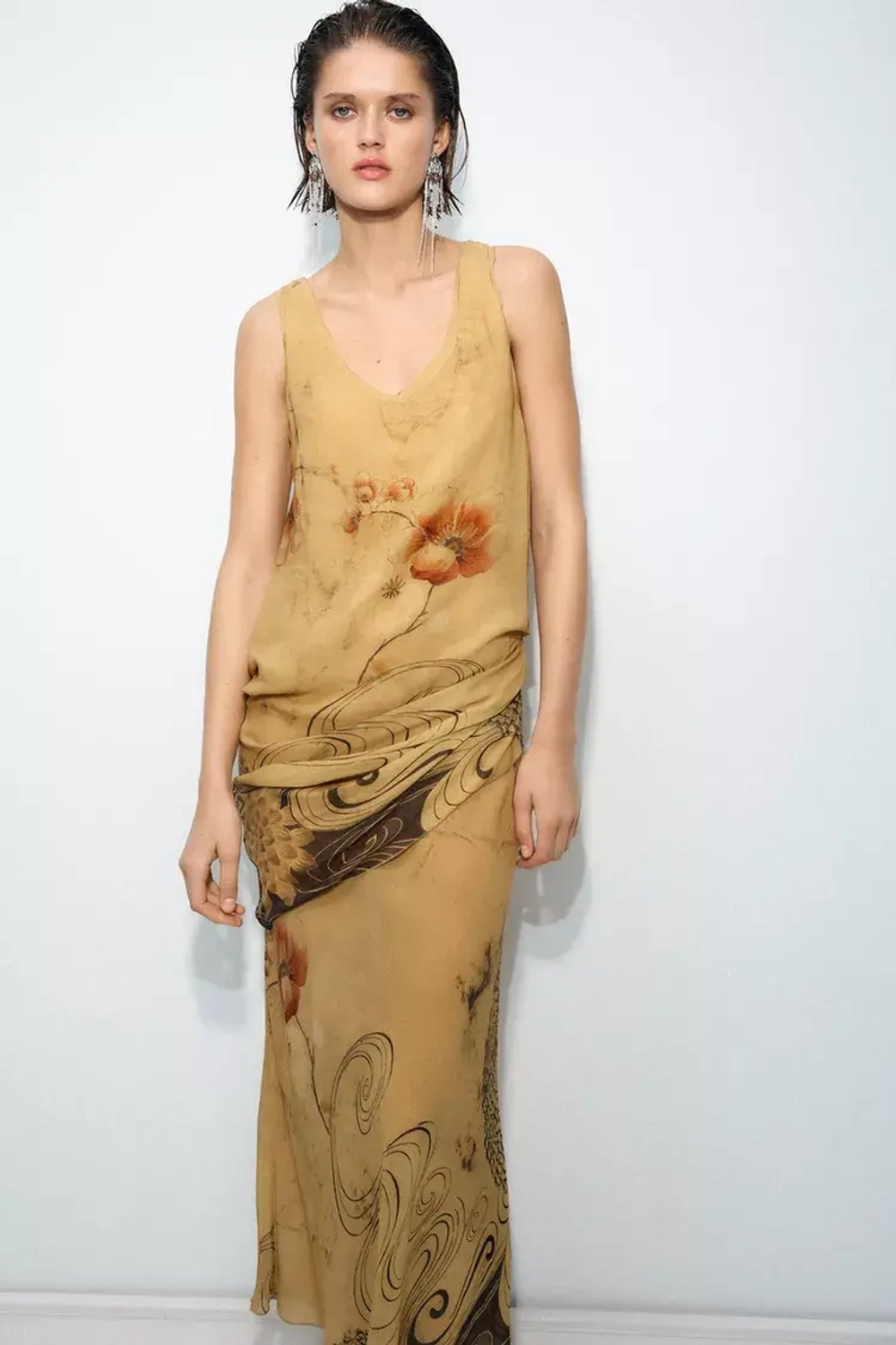 ZARA ПЛАТЬЕ С ПРИНТОМ — ZW COLLECTION, ЦВЕТ ОЛИВКОВОГО МАСЛА