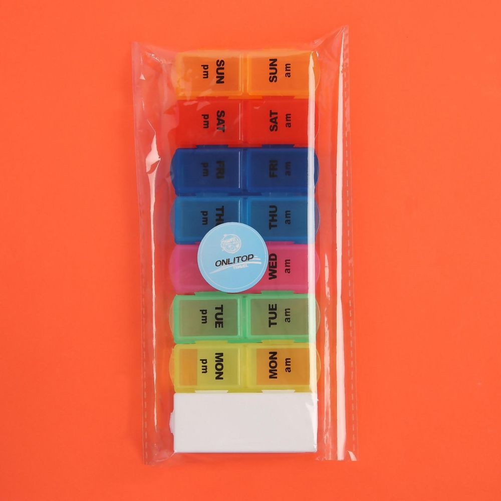 Таблетница-органайзер  Неделька, с делителем, утро/вечер, 7 контейнеров по 2 секции, цвет МИКС