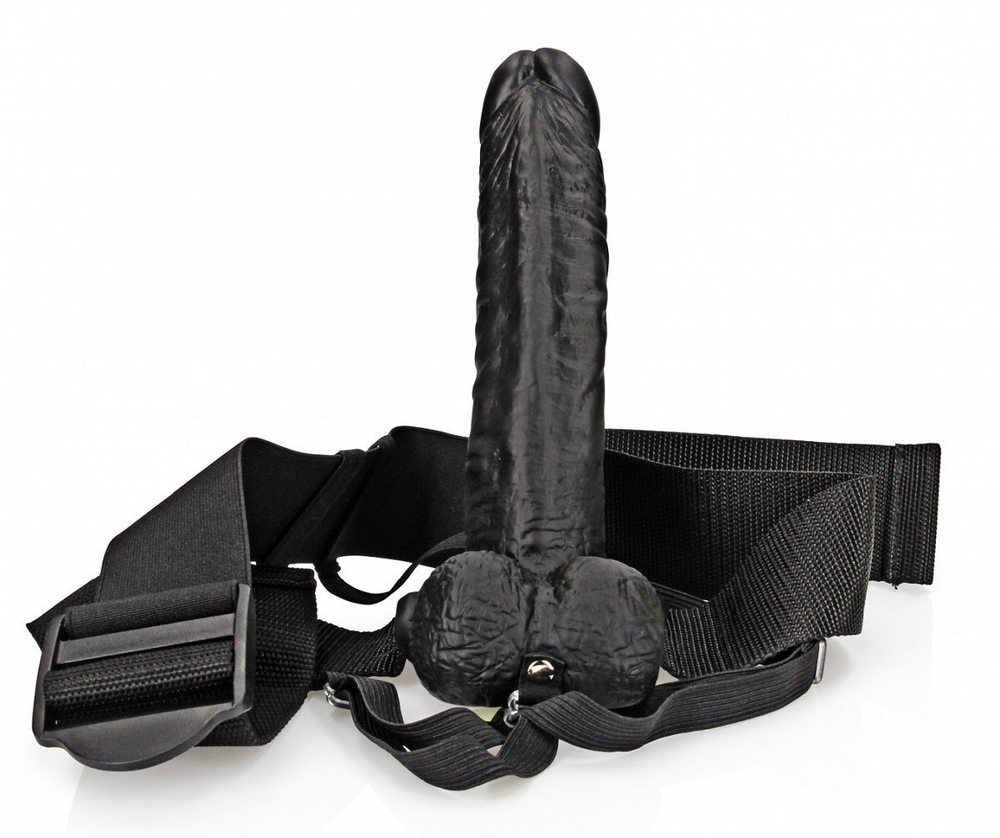 Черный реалистичный страпон-фаллопротез с мошонкой - 18 см. (Цвет: черный)