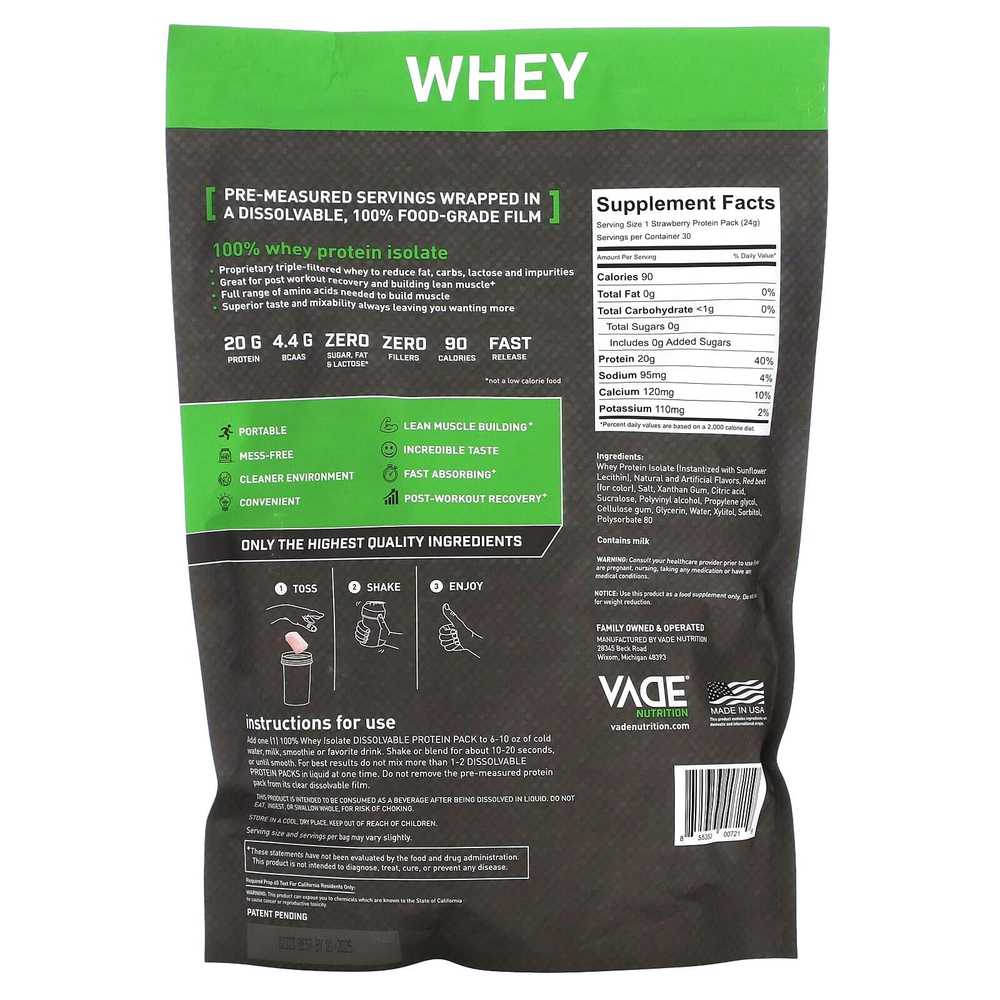 Vade Nutrition, растворимый протеин в пакетиках, 100% сывороточный изолят, клубничный молочный коктейль, 720 г (1,6 фунта)