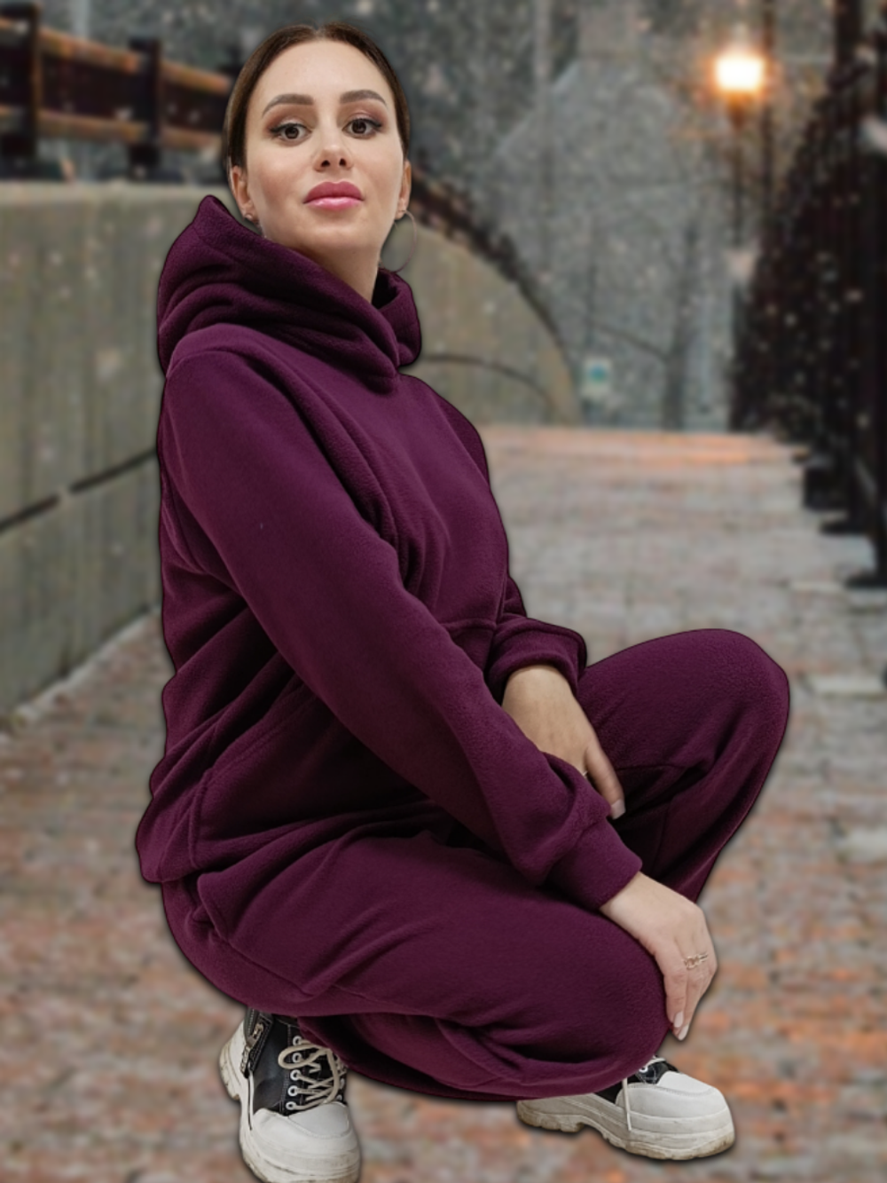 23222 Костюм флисовый с капюшоном, карман кенгуру винный (52)