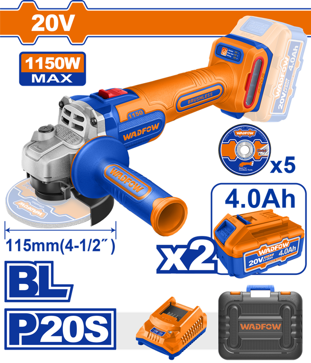 УШМ аккумуляторная 20В 115 мм, б/щ (4) WADFOW WLAPB522
