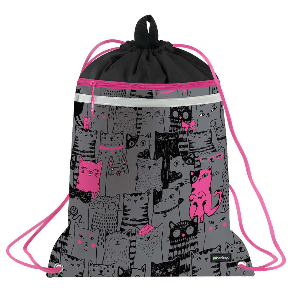 Мешок для обуви 1 отделение Berlingo "Happy Cats", 360*460мм, вентиляционная сеточка , светоотражающая лента, карман на молнии