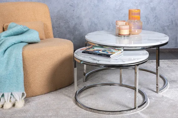 Комплект из 2 столиков Silvy Marble, серебро, белый мрамор