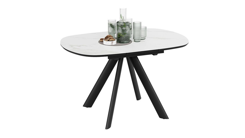 Стол кухонный обеденный раздвижной Черный муар/Керамика матовая белый мрамор 100(135)х90х76 см