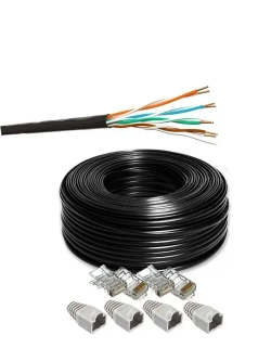 Комплект: Интернет кабель уличный витая пара UTP4 cat.5e, одножильный с коннектором rj45 и колпачками rj45 внешний для наружной прокладки 30 метров