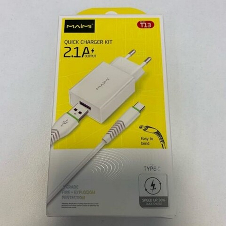 Сетевой адаптер питания MAIMI T13  1USB 2.1A + кабель Lightning (черный)