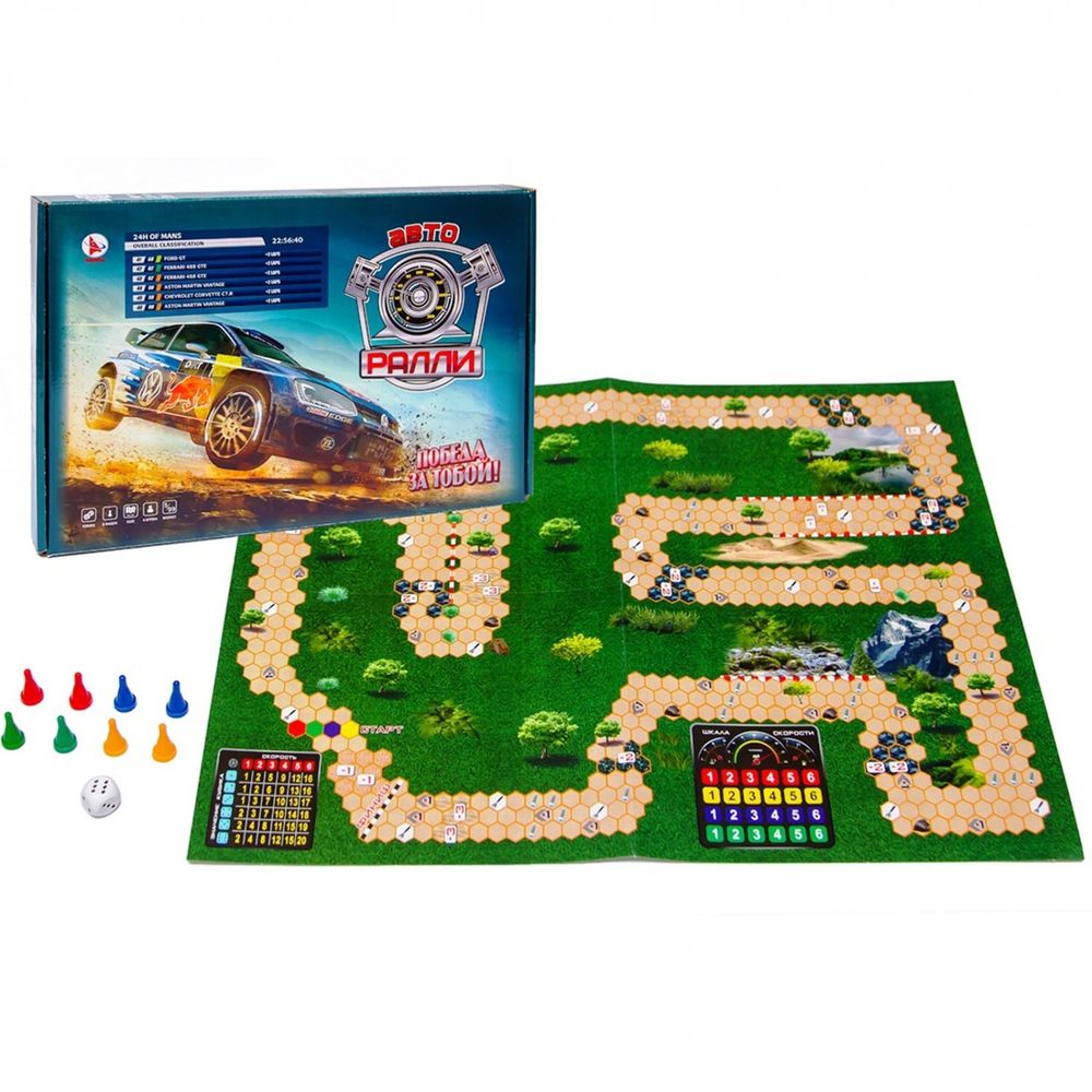 Игра-ходилка, Ракета "Авторалли", 5 +, размер игрового поля 300 х 420мм, в комплекте 18 фишек, 2 кубика, подарочная коробка