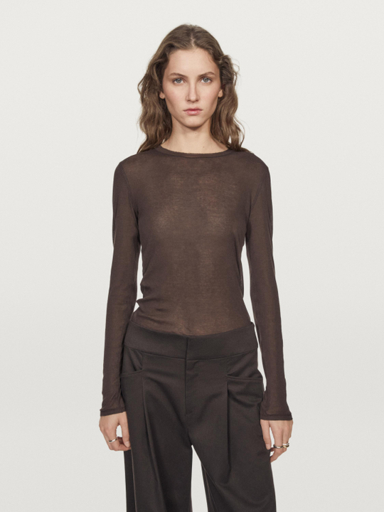 Massimo Dutti Футболка из 100% хлопка с деталями на воротнике, коричневый