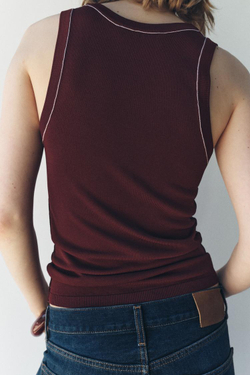 ZARA ОДНОТОННЫЙ ТОП С КОНТРАСТНОЙ ОКАНТОВКОЙ, БОРДОВЫЙ