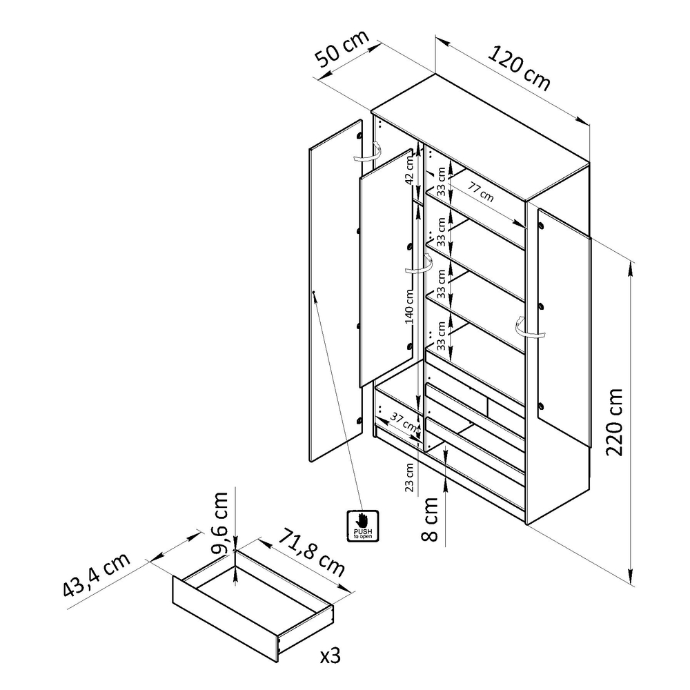 Шкаф 120х50х220, Марм, распашной для одежды, 3 двери 3 ящика, со штангой и полками, в прихожую, белый, Dipriz