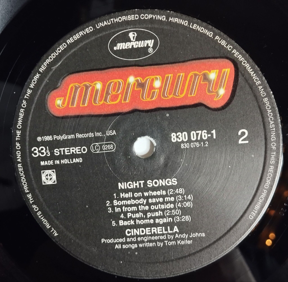 Винтажная виниловая пластинка LP Cinderella Night Songs (Holland 1986)