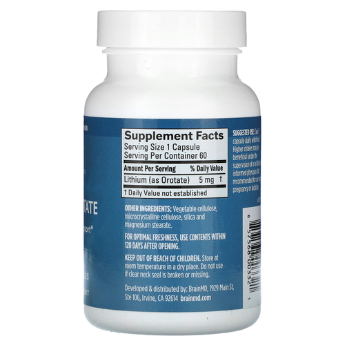 BrainMD, Оротат лития, 5 мг, 60 веганских капсул