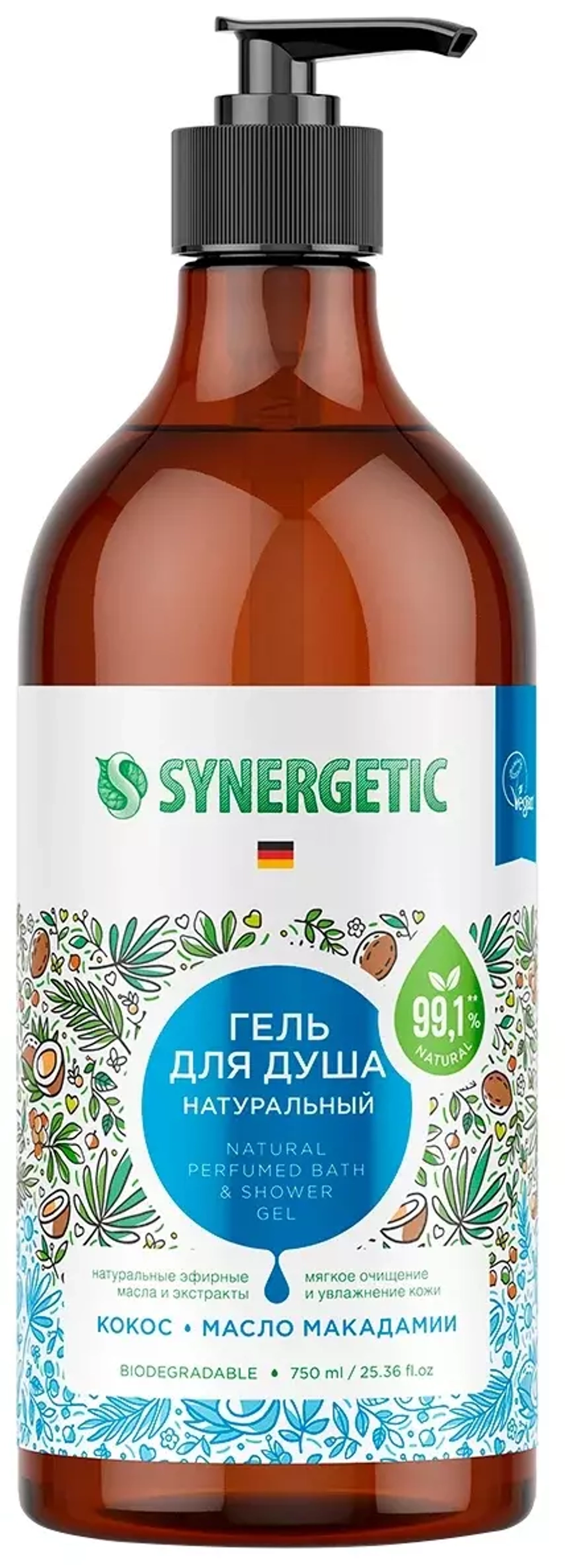 SYNERGETIC Гель для душа Кокос и макадамия женский мужской, 750 мл